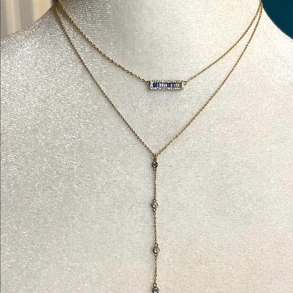 Elegant Gold Layered Necklace with multi colored Crystal pendant